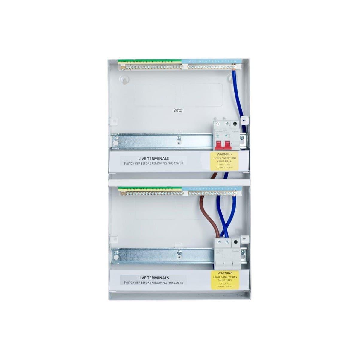Consumer unit with main switch and circuit protection — BS 7671 electrical installation