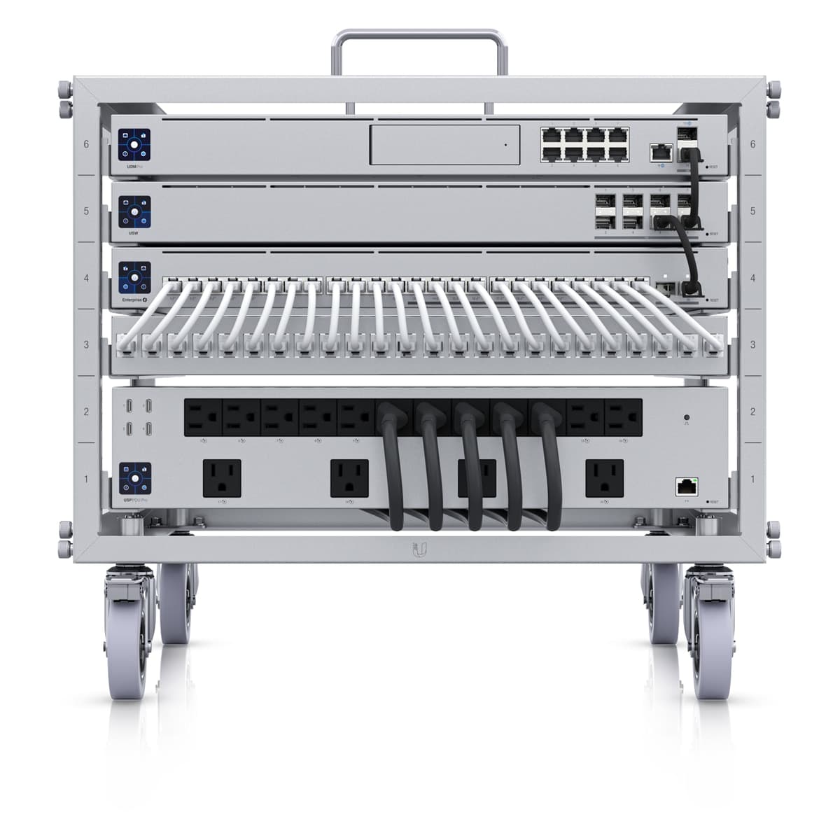Fully populated Ubiquiti UniFi rack with gateway, switches, patch panel and power distribution