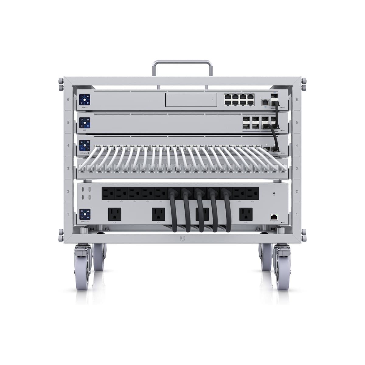Fully populated Ubiquiti UniFi rack with gateway, switches, patch panel and power distribution